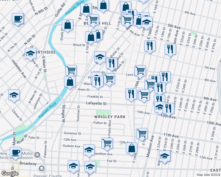 map of restaurants, bars, coffee shops, grocery stores, and more near 41 Rosa Parks Boulevard in Paterson