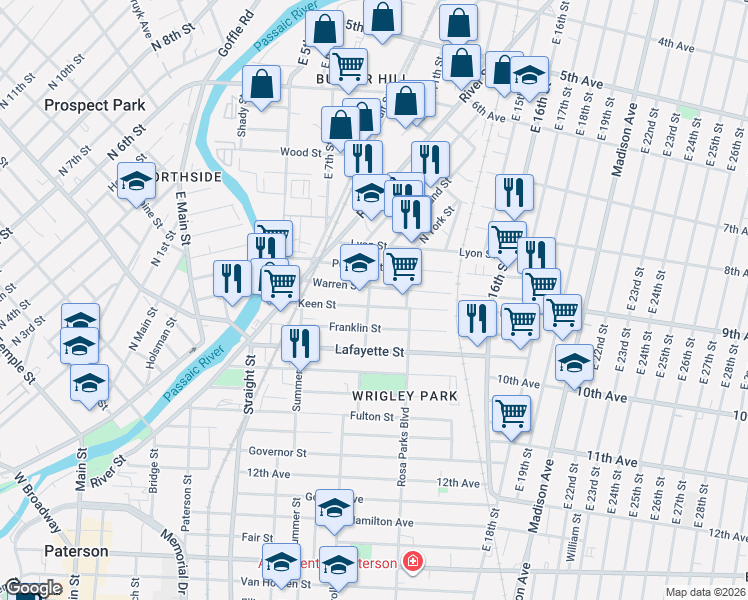 map of restaurants, bars, coffee shops, grocery stores, and more near 98 Warren Street in Paterson