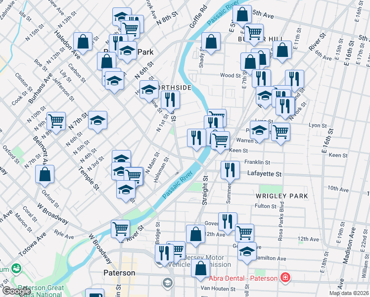 map of restaurants, bars, coffee shops, grocery stores, and more near 44 Watson Street in Paterson