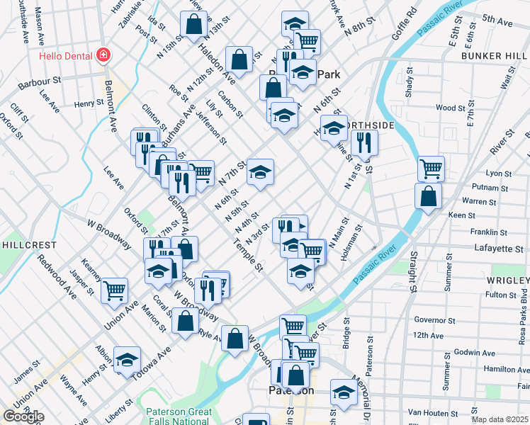 map of restaurants, bars, coffee shops, grocery stores, and more near 99 North 4th Street in Paterson
