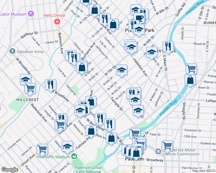 map of restaurants, bars, coffee shops, grocery stores, and more near 71-73 North 5th Street in Paterson
