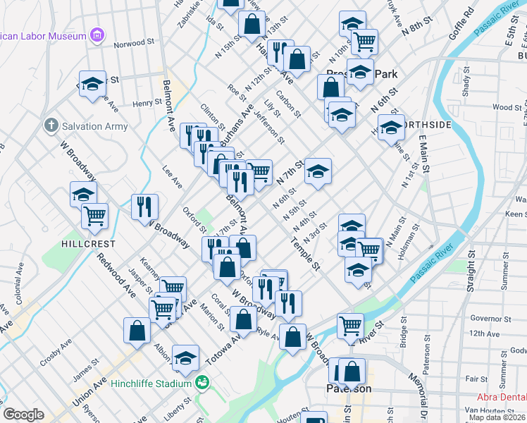 map of restaurants, bars, coffee shops, grocery stores, and more near 49 North 6th Street in Paterson