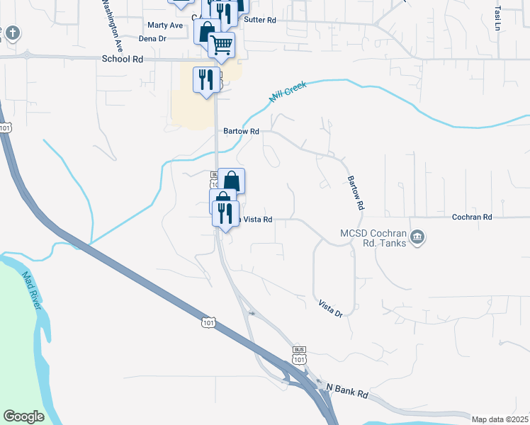 map of restaurants, bars, coffee shops, grocery stores, and more near 1739 Bella Vista Road in McKinleyville