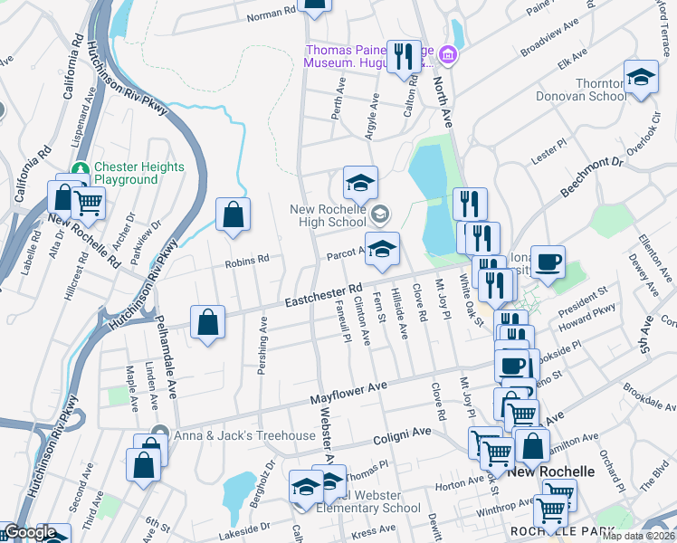 map of restaurants, bars, coffee shops, grocery stores, and more near 74 Parcot Avenue in New Rochelle