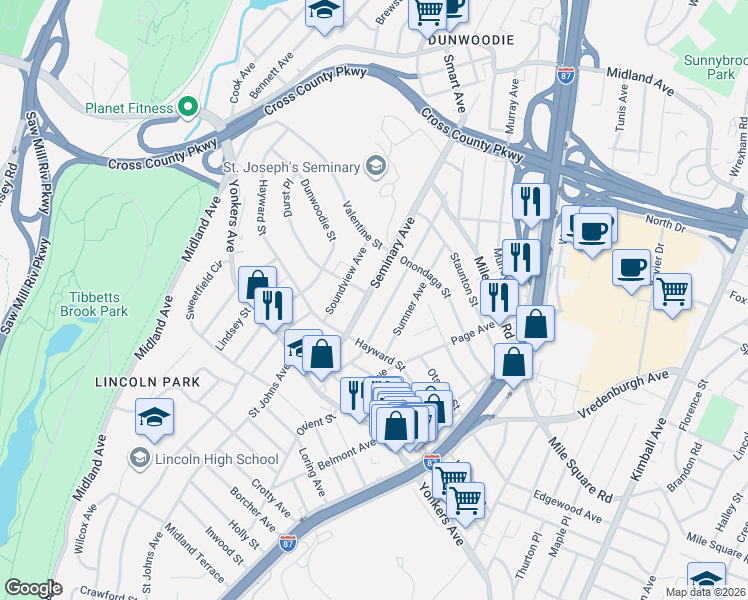 map of restaurants, bars, coffee shops, grocery stores, and more near 98 Seminary Avenue in Yonkers