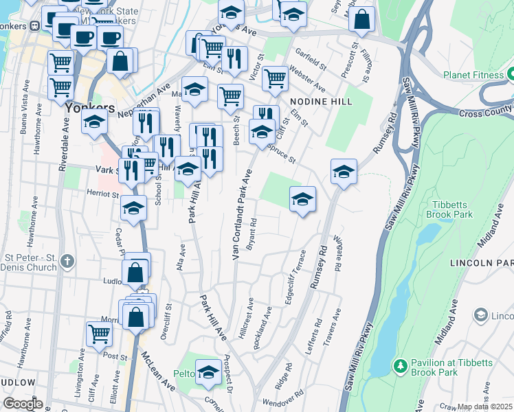 map of restaurants, bars, coffee shops, grocery stores, and more near 74 Bryant Road in Yonkers