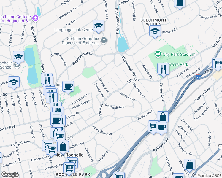 map of restaurants, bars, coffee shops, grocery stores, and more near 23 Ellenton Avenue in New Rochelle