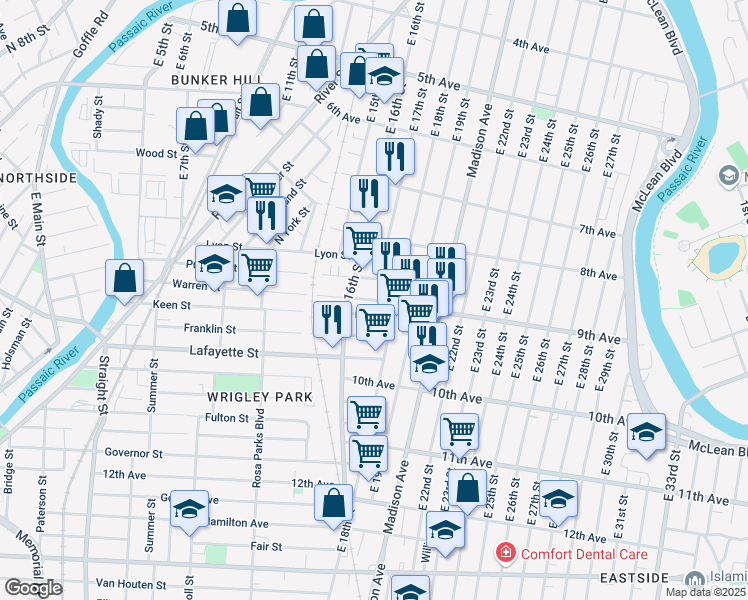 map of restaurants, bars, coffee shops, grocery stores, and more near 231 Warren Street in Paterson