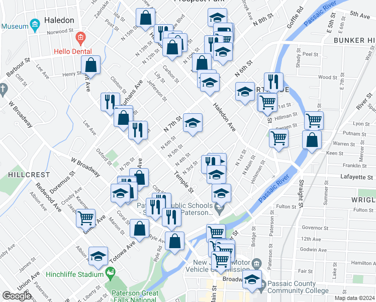 map of restaurants, bars, coffee shops, grocery stores, and more near 89 North 4th Street in Paterson