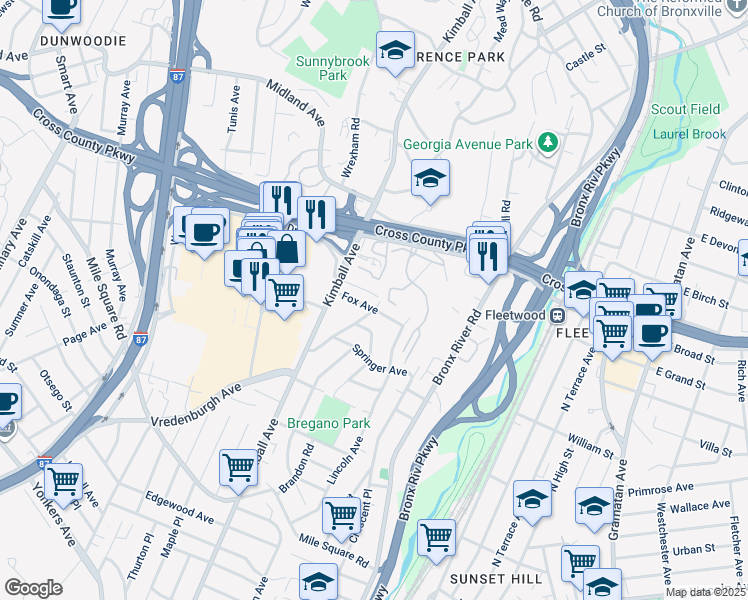 map of restaurants, bars, coffee shops, grocery stores, and more near 221 Vredenburgh Avenue in Yonkers