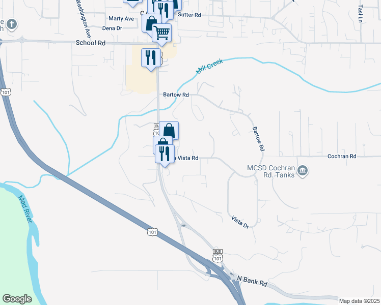 map of restaurants, bars, coffee shops, grocery stores, and more near 1739 Bella Vista Road in McKinleyville