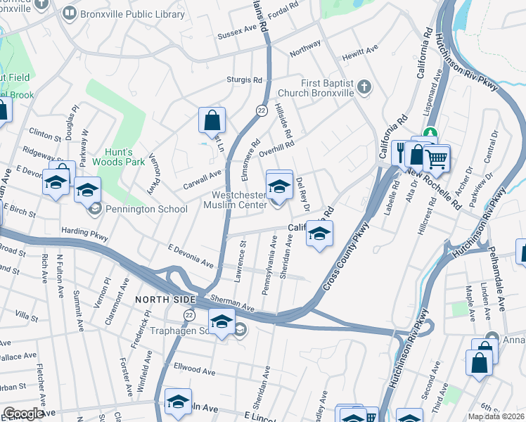 map of restaurants, bars, coffee shops, grocery stores, and more near 49 Southfield Road in Mount Vernon
