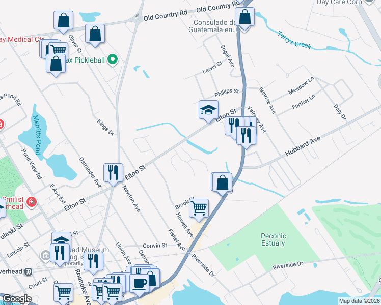 map of restaurants, bars, coffee shops, grocery stores, and more near 19 Blackberry Commons in Riverhead