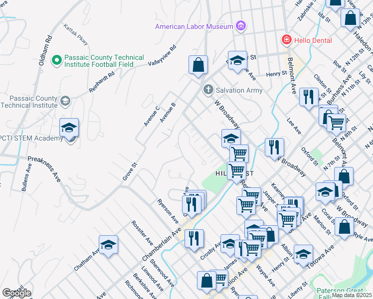 map of restaurants, bars, coffee shops, grocery stores, and more near 4 Christina Place in Paterson