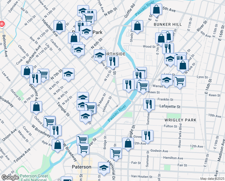map of restaurants, bars, coffee shops, grocery stores, and more near 150 North Main Street in Paterson