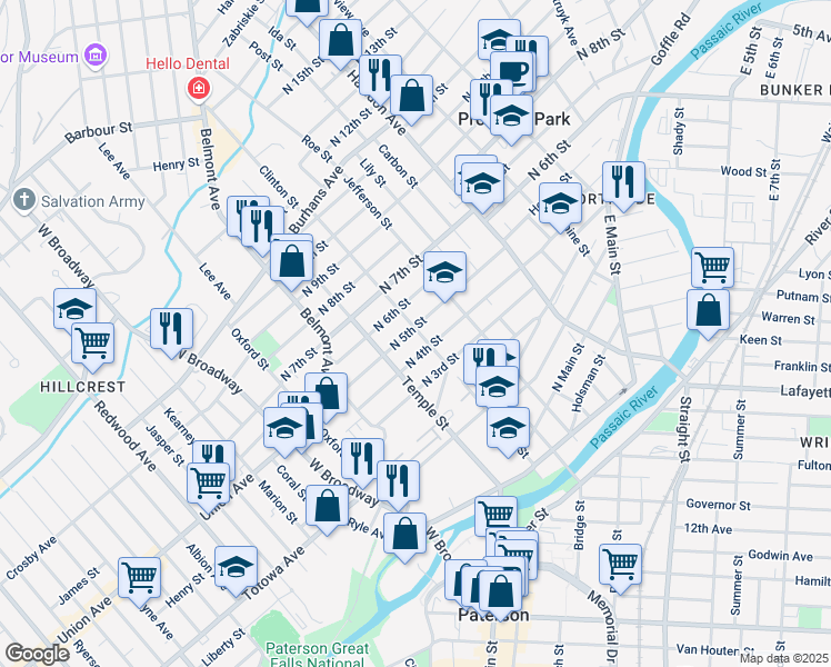 map of restaurants, bars, coffee shops, grocery stores, and more near 78 North 5th Street in Paterson