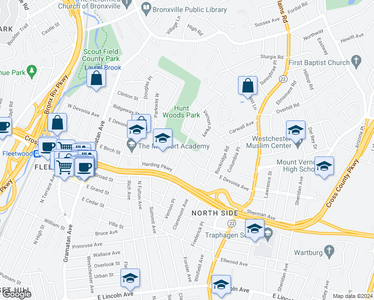 map of restaurants, bars, coffee shops, grocery stores, and more near 115 Central Parkway in Mount Vernon