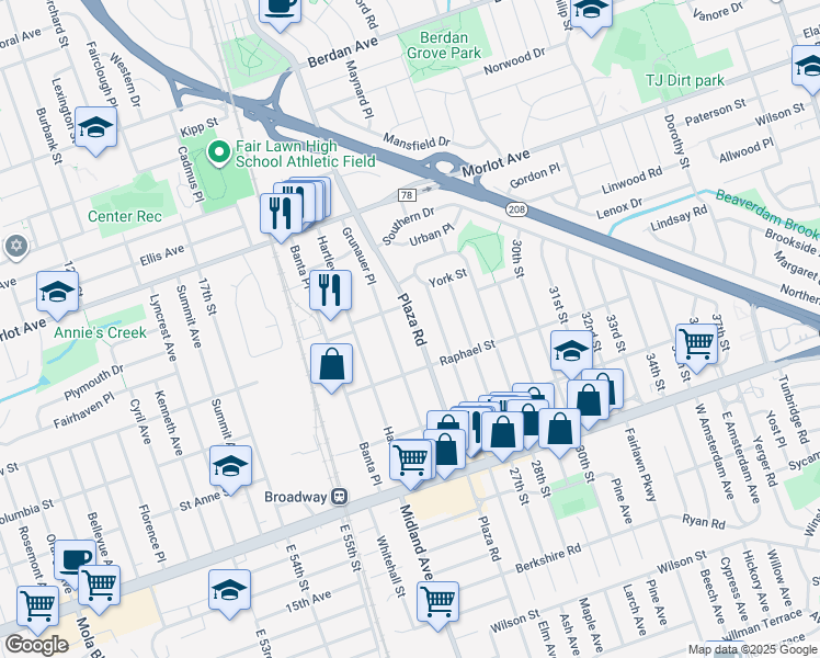 map of restaurants, bars, coffee shops, grocery stores, and more near 3-32 Plaza Road in Fair Lawn