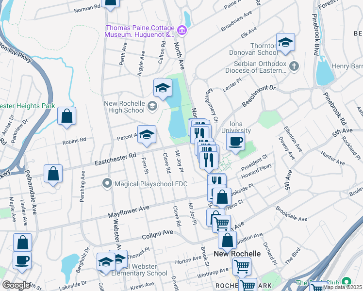 map of restaurants, bars, coffee shops, grocery stores, and more near 42 Eastchester Road in New Rochelle