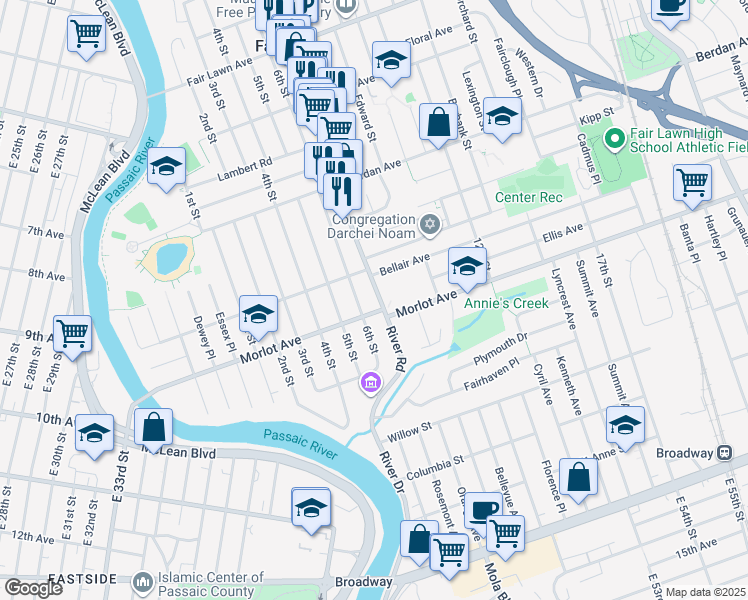 map of restaurants, bars, coffee shops, grocery stores, and more near 6-10 River Road in Fair Lawn