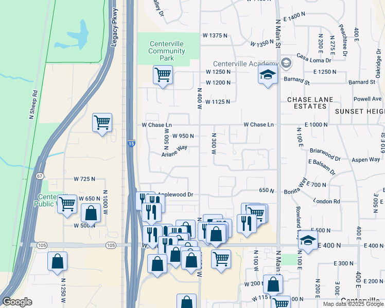 map of restaurants, bars, coffee shops, grocery stores, and more near 858 Camille Circle in Centerville