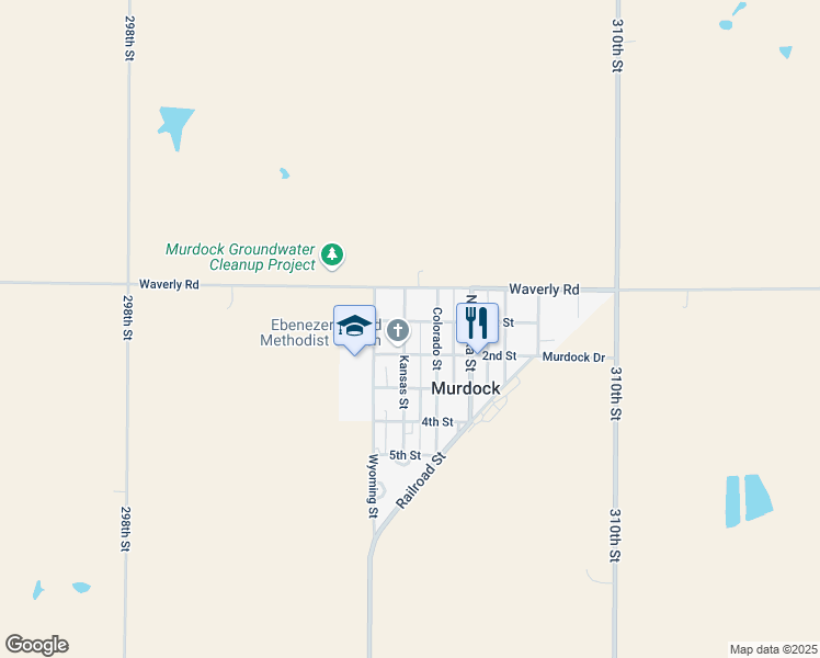 map of restaurants, bars, coffee shops, grocery stores, and more near 205 Kansas Street in Murdock