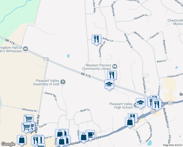 map of restaurants, bars, coffee shops, grocery stores, and more near 2272 Pennsylvania 115 in Brodheadsville