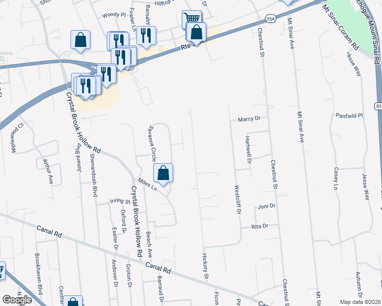 map of restaurants, bars, coffee shops, grocery stores, and more near 168 Hickory Street in Port Jefferson Station