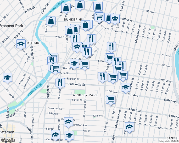 map of restaurants, bars, coffee shops, grocery stores, and more near 41 Rosa Parks Boulevard in Paterson