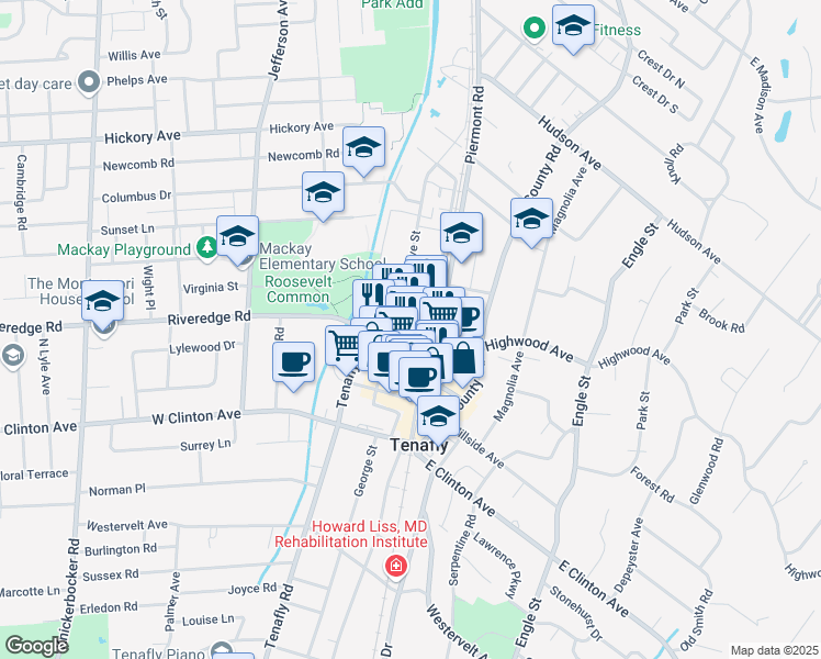 map of restaurants, bars, coffee shops, grocery stores, and more near 38 West Railroad Avenue in Tenafly