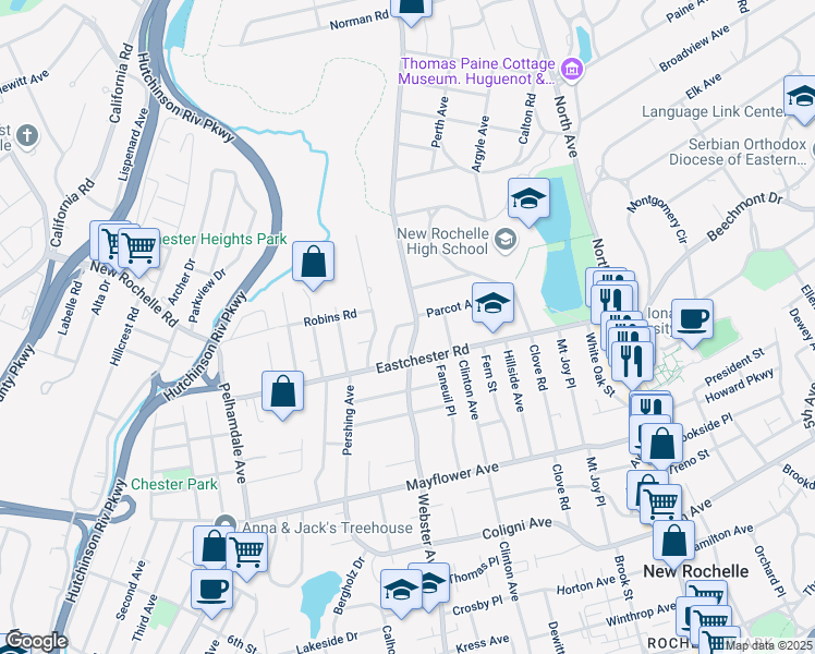map of restaurants, bars, coffee shops, grocery stores, and more near 74 Parcot Avenue in New Rochelle