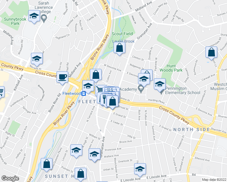 map of restaurants, bars, coffee shops, grocery stores, and more near 630 Gramatan Avenue in Mount Vernon