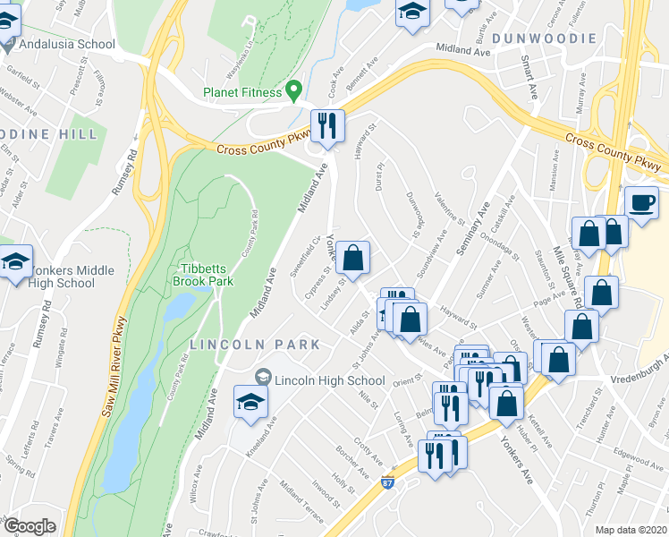 map of restaurants, bars, coffee shops, grocery stores, and more near 590 Yonkers Avenue in Yonkers
