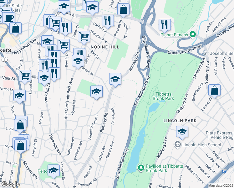 map of restaurants, bars, coffee shops, grocery stores, and more near 27 Truesdale Place in Yonkers