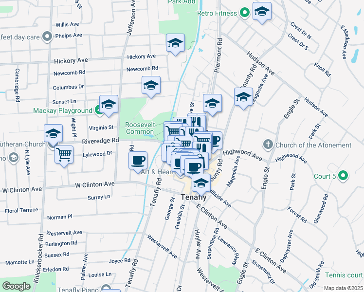 map of restaurants, bars, coffee shops, grocery stores, and more near 38 West Railroad Avenue in Tenafly