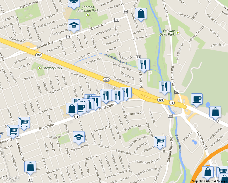 map of restaurants, bars, coffee shops, grocery stores, and more near 3809 Dobrin Court in Fair Lawn