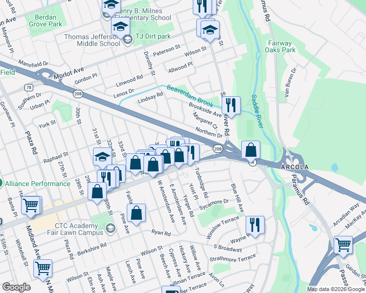 map of restaurants, bars, coffee shops, grocery stores, and more near 3809 Dobrin Court in Fair Lawn