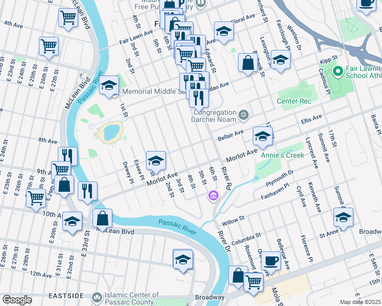 map of restaurants, bars, coffee shops, grocery stores, and more near 7-15 4th Street in Fair Lawn