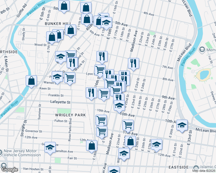 map of restaurants, bars, coffee shops, grocery stores, and more near 231 Warren Street in Paterson