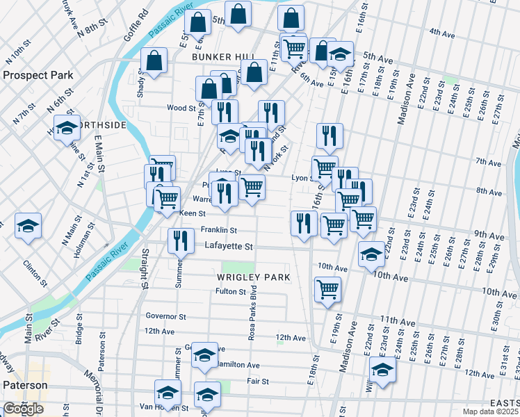 map of restaurants, bars, coffee shops, grocery stores, and more near 41 Rosa Parks Boulevard in Paterson