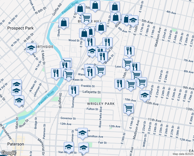 map of restaurants, bars, coffee shops, grocery stores, and more near 98 Warren Street in Paterson