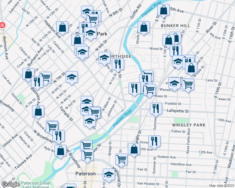 map of restaurants, bars, coffee shops, grocery stores, and more near 150 North Main Street in Paterson