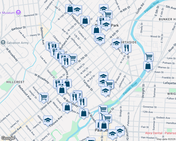 map of restaurants, bars, coffee shops, grocery stores, and more near 99 North 4th Street in Paterson