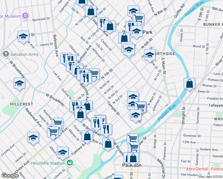 map of restaurants, bars, coffee shops, grocery stores, and more near 71-73 North 5th Street in Paterson