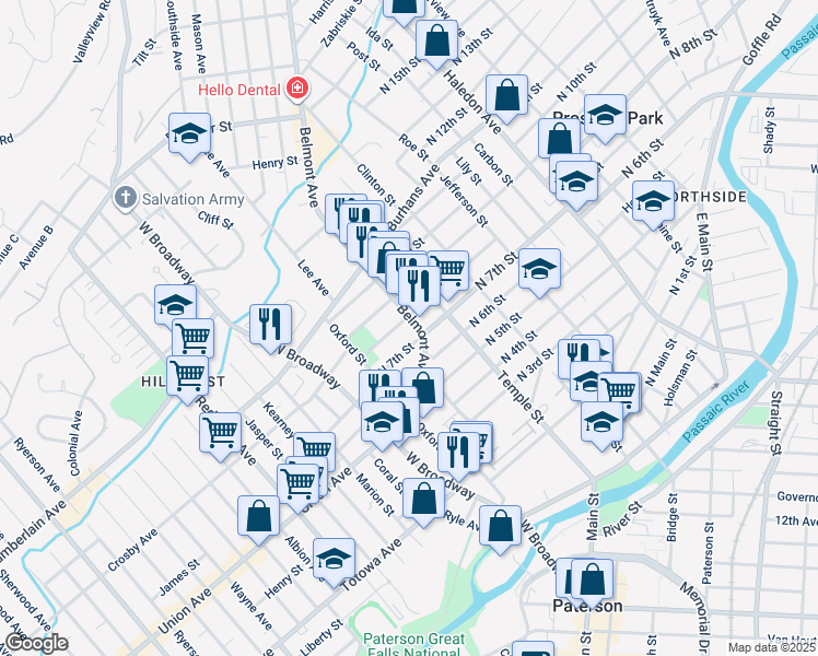 map of restaurants, bars, coffee shops, grocery stores, and more near 98 Belmont Avenue in Paterson
