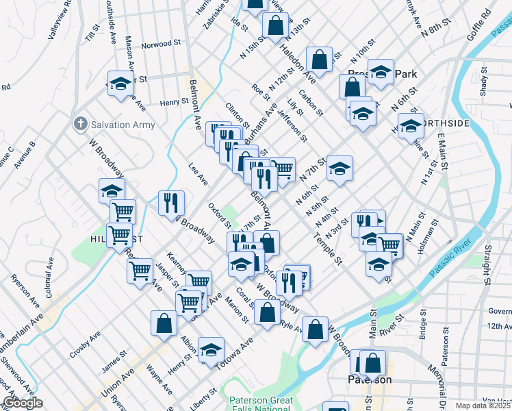map of restaurants, bars, coffee shops, grocery stores, and more near 98 Belmont Avenue in Paterson