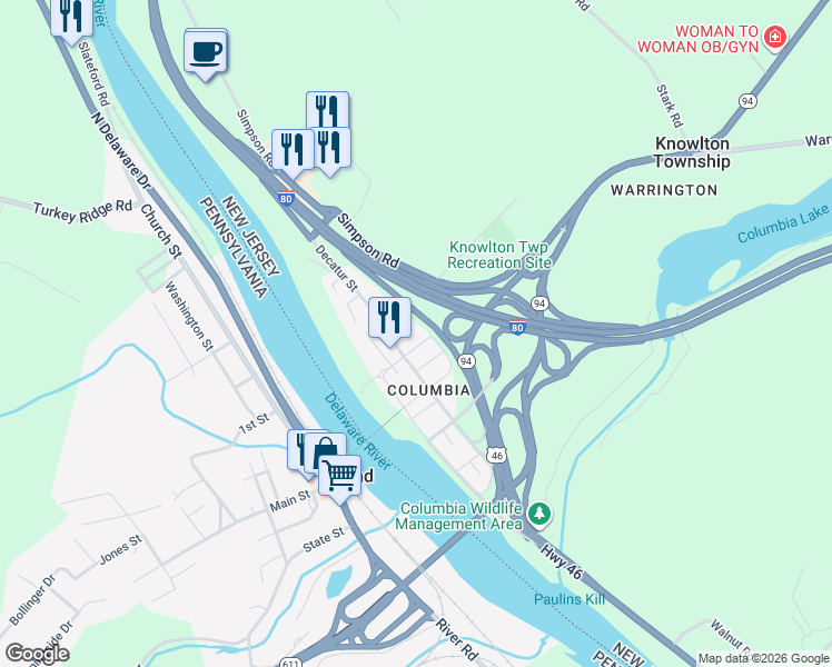 map of restaurants, bars, coffee shops, grocery stores, and more near 2 Columbia Street in Columbia