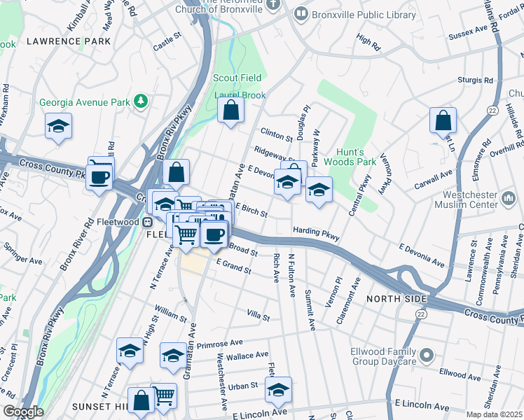 map of restaurants, bars, coffee shops, grocery stores, and more near 43 East Birch Street in Mount Vernon