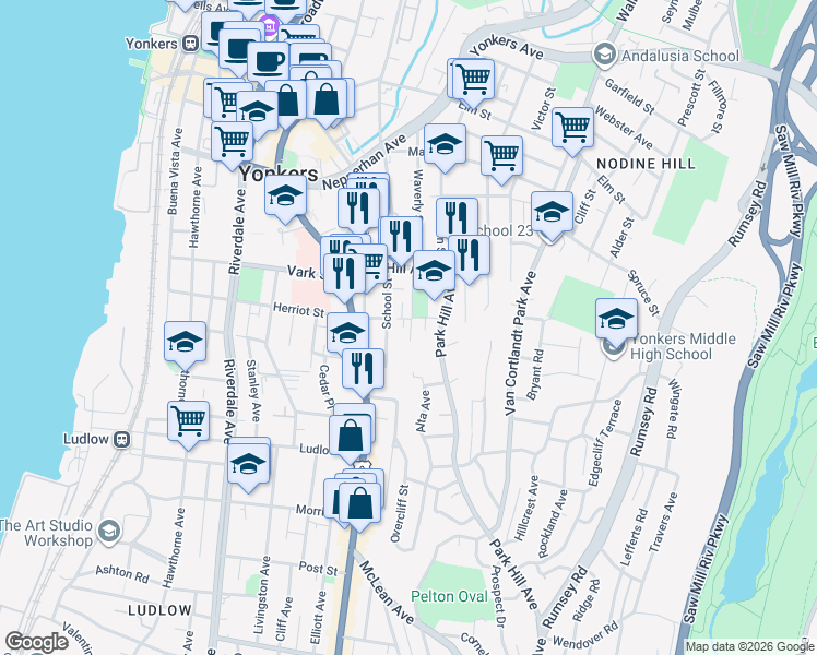 map of restaurants, bars, coffee shops, grocery stores, and more near 30 Herriot Place in Yonkers