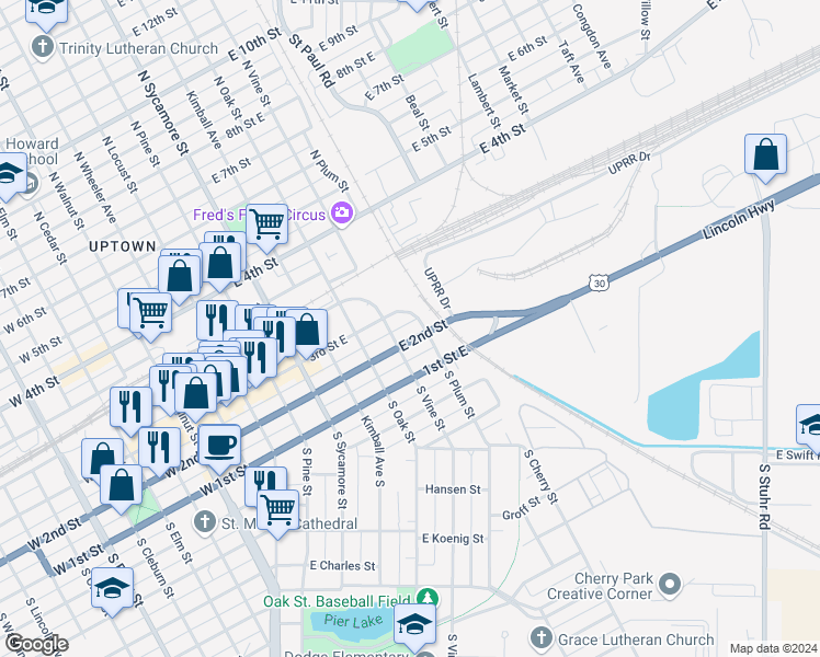 map of restaurants, bars, coffee shops, grocery stores, and more near 512 East 2nd Street in Grand Island